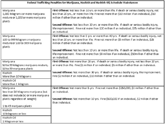 Federal Trafficking Penalties for Marijuana, Hashish and Hashish oil, Schedule I Substances