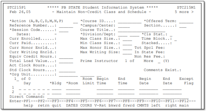 Primary Entry Panel for Noncredit Classes