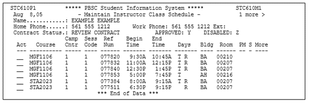 Instructor Class Schedule Screen