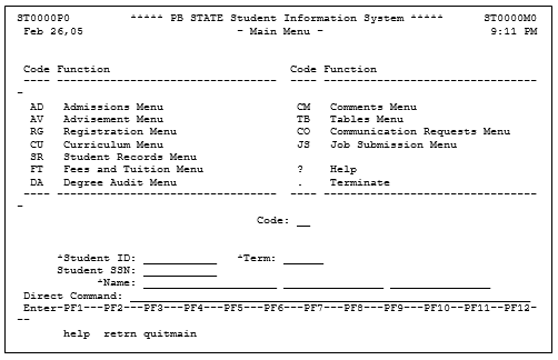 Student Information System Main Menu